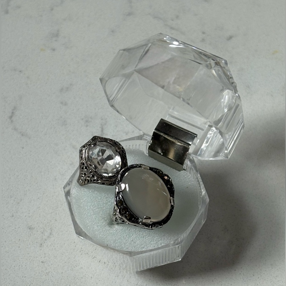 Antique Edwardian Sterling Moonstone & Quartz Cocktail Ring Set